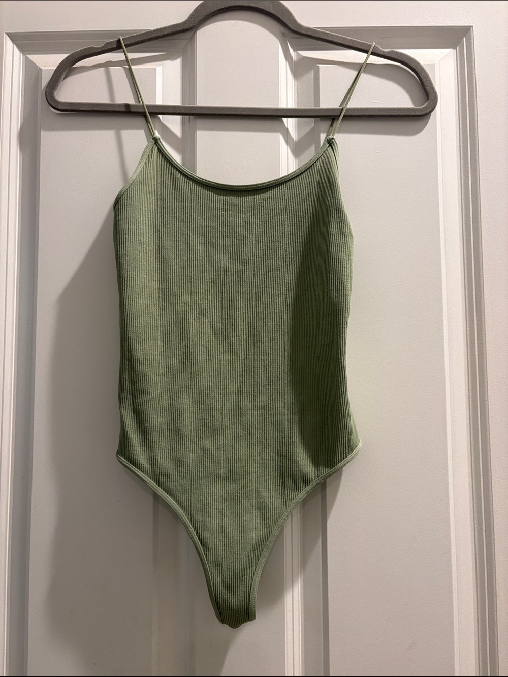 Nikibiki Sage Green Ribbed Spaghetti-Strap Bodysuit
